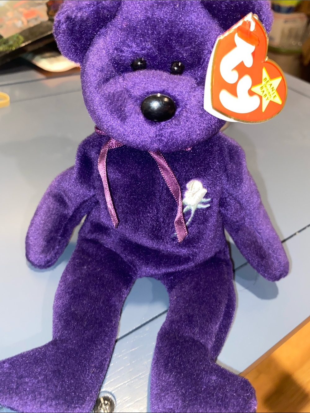 Ty Purple Plush Bear with Embroidered White Rose
